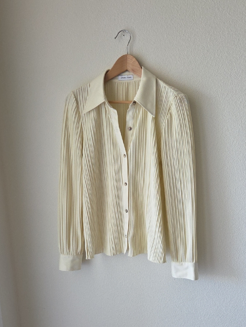Anine Bing Pleated Button Down Shirt in Cream Sz S Quiet Luxury Classic Capsule